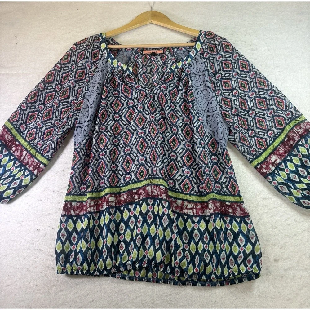 Olive Hill Women's Floral Boho Peasant Top Sz L 3/4 Sleeve W/Lace Insert